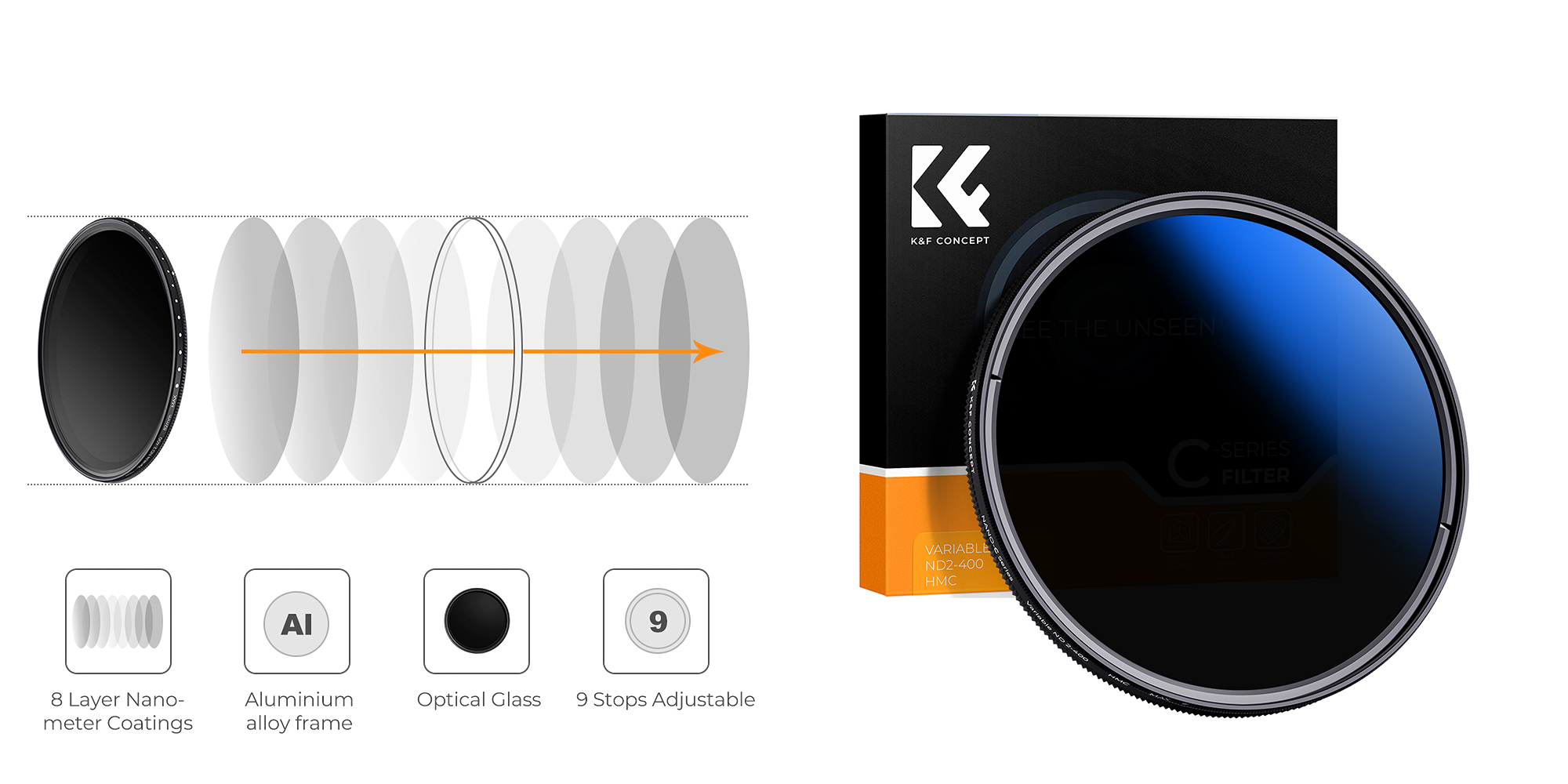 Filtr szary regulowany K&F Concept B-Series Fader ND2-400 - Optyczne szkło HD